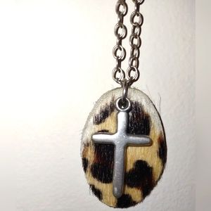 Leopard Print & Cross Pendant Necklace